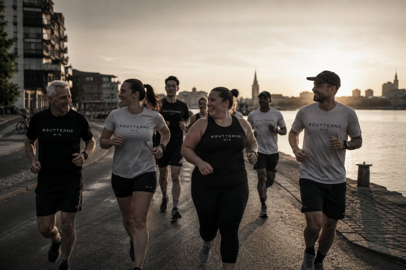 A pack of runners moving together through misty dawn