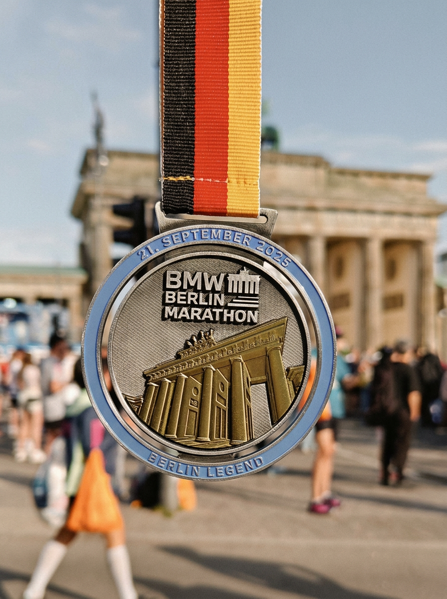 Berlin Marathon medal held up in front of the Brandenburg Gate
