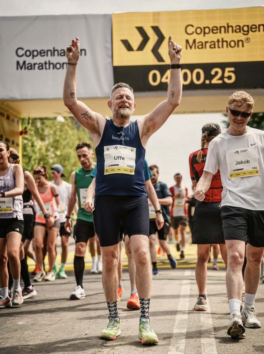 Crossing the Copenhagen Marathon finish line, arms up