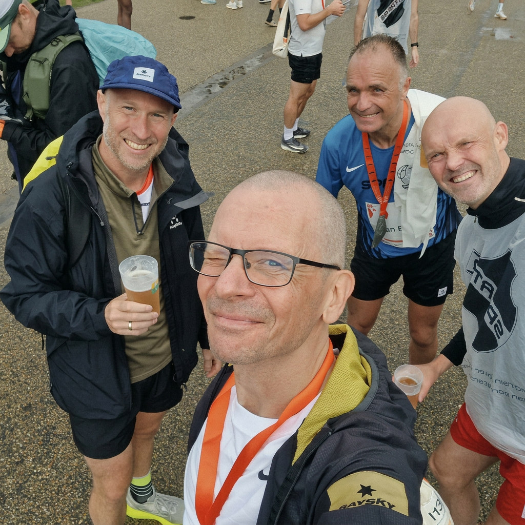 Post-race selfie with friends and beers