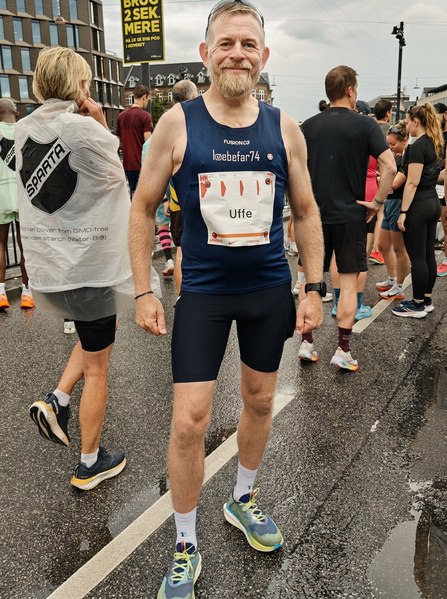 Runner waiting at the start line in wet conditions