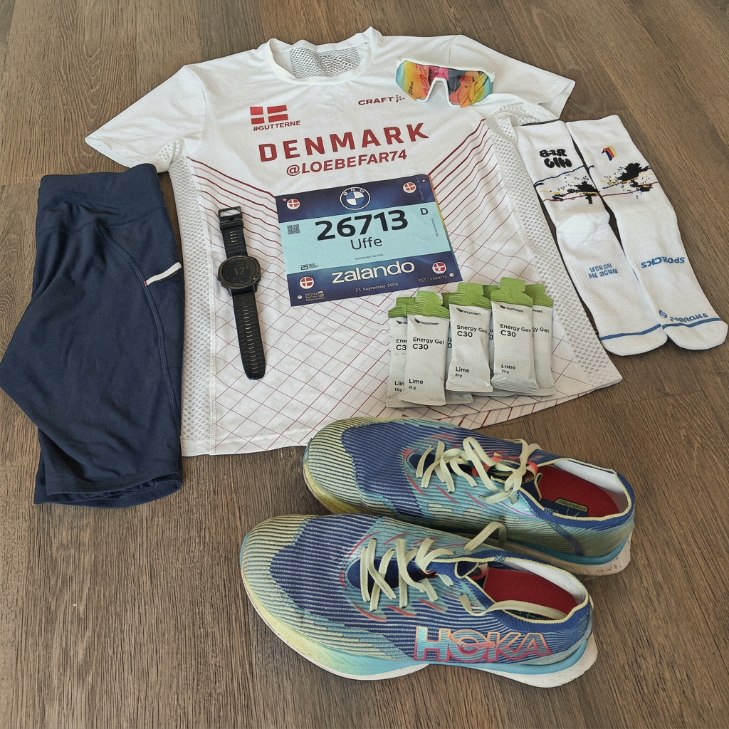 Race-day gear flat lay with Denmark shirt, bib, socks and shoes